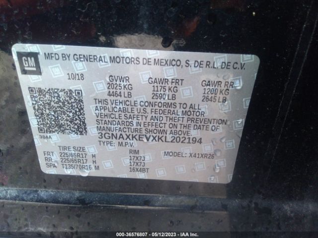 3GNAXKEVXKL202194 Chevrolet EQUINOX LT
