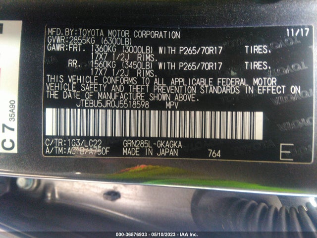 Toyota 4RUNNER SR5 2018 JTEBU5JR0J5518598 Image 11