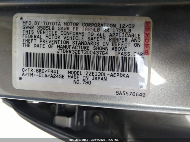 2003 TOYOTA COROLLA CE/LE VIN: JTDBR32E730043764