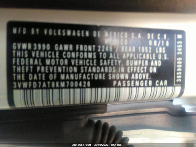2019 VOLKSWAGEN BEETLE S/FINAL EDITION SE VIN: 3VWFD7AT8KM700426