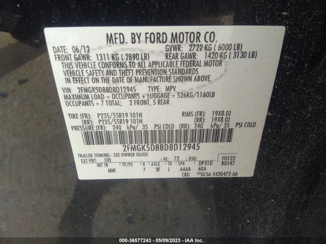 2013 FORD FLEX LIMITED VIN: 2FMGK5D88DBD12945