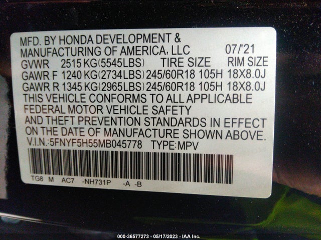 Honda Pilot Ex-l 2021 5FNYF5H55MB045778 Image 11