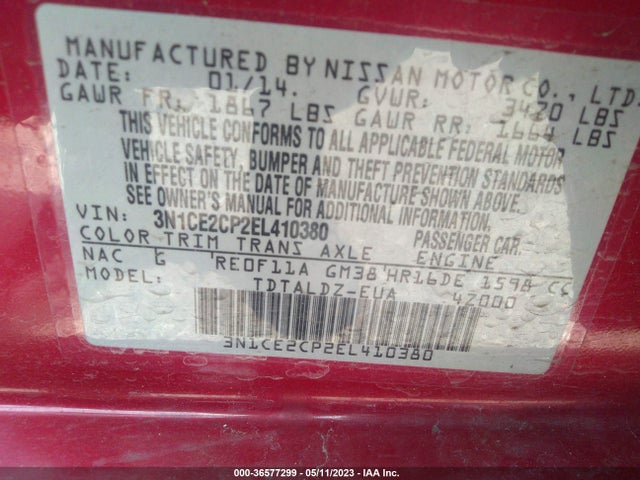 2014 NISSAN VERSA NOTE S/S PLUS/SV VIN: 3N1CE2CP2EL410380