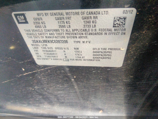 2012 GMC TERRAIN SLE-1 VIN: 2GKALMEK9C6287206