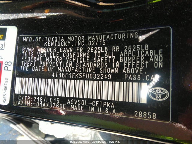 2015 TOYOTA CAMRY XLE/SE/LE/XSE VIN: 4T1BF1FK5FU032249