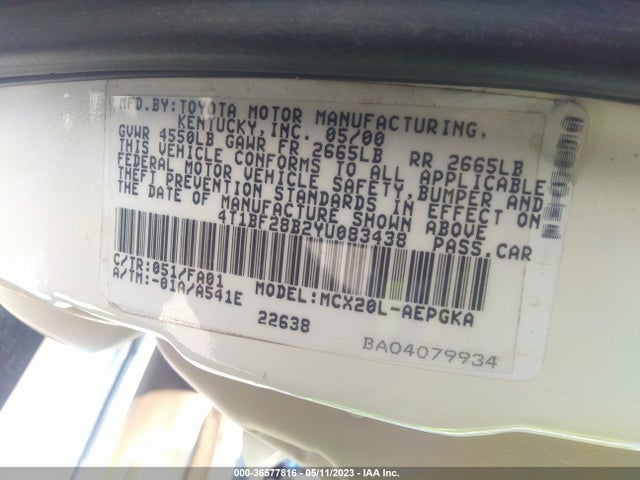 2000 TOYOTA AVALON XL/XLS VIN: 4T1BF28B2YU083438