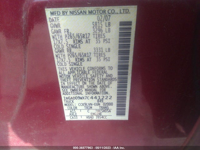 2007 NISSAN FRONTIER LE VIN: 1N6AD09WX7C441222
