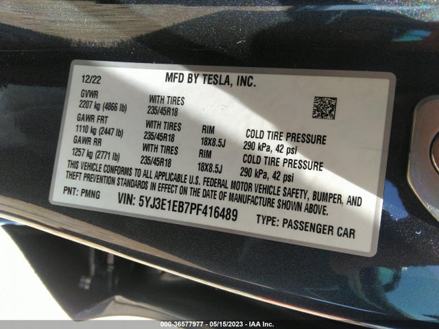 5YJ3E1EB7PF416489 Tesla Model 3 Long Range