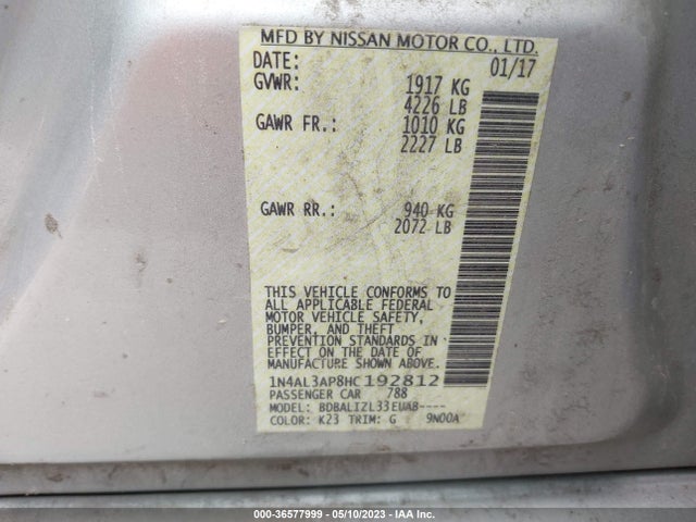 2017 NISSAN ALTIMA 2.5 SV VIN: 1N4AL3AP8HC192812