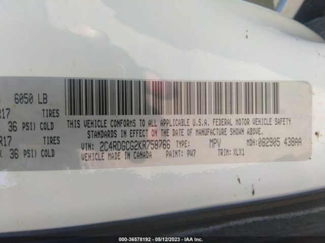 2C4RDGCG2KR758766 Dodge Grand Caravan Sxt