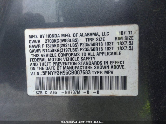 2012 HONDA PILOT TOURING VIN: 5FNYF3H95CB007683