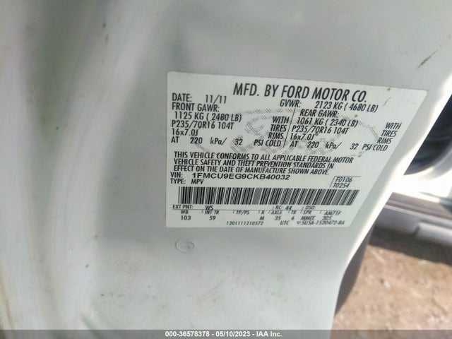 2012 FORD ESCAPE LIMITED VIN: 1FMCU9EG9CKB40032