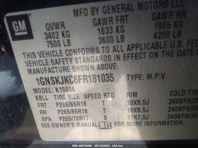 Chevrolet Suburban Lt 2015 1GNSKJKC6FR181035 Image 9