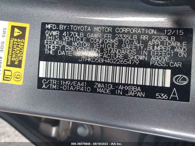 2016 LEXUS CT 200H HYBRID VIN: JTHKD5BH4G2265479