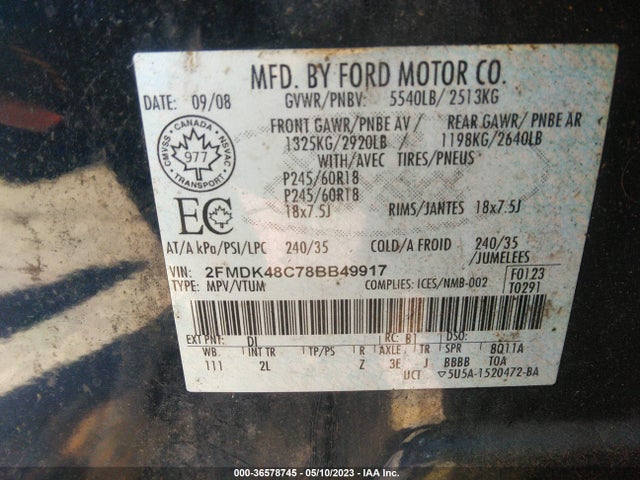 2008 FORD EDGE SEL VIN: 2FMDK48C78BB49917