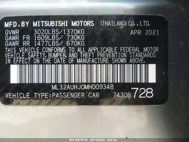 2021 MITSUBISHI MIRAGE ES/LE/CARBONITE EDITION VIN: ML32AUHJ0MH009348