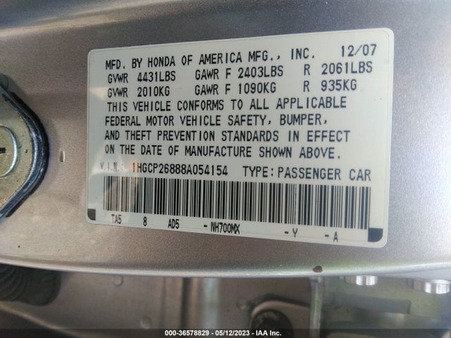 2008 HONDA ACCORD SDN EX-L VIN: 1HGCP26888A054154
