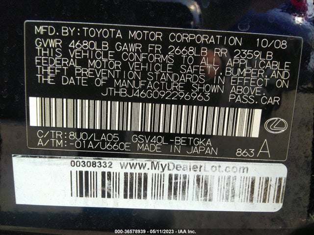 2009 LEXUS ES 350 VIN: JTHBJ46G092296963