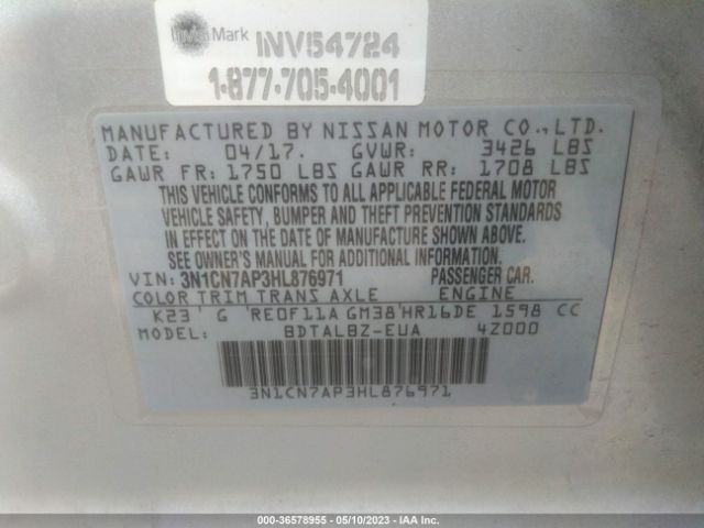 3N1CN7AP3HL876971 Nissan Versa Sedan Sv
