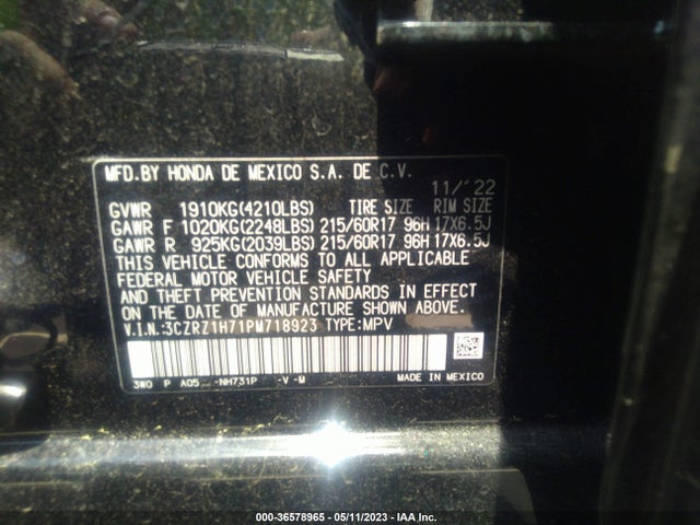 2023 HONDA HR-V EX-L VIN: 3CZRZ1H71PM718923