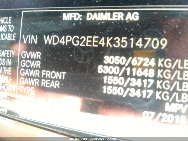 2019 Mercedes-Benz Metris, VIN: WD4PG2EE4K3514709
