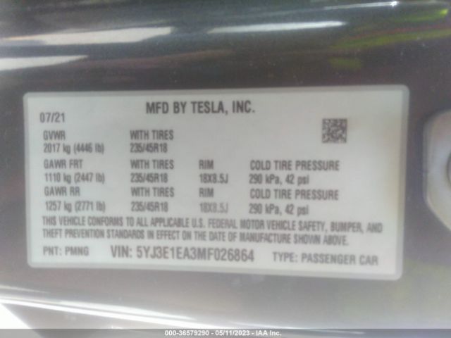 5YJ3E1EA3MF026864 Tesla Model 3 Standard Range Plus