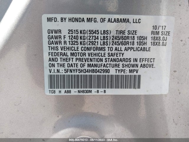 Honda Pilot Ex 2017 5FNYF5H34HB042990 Image 9