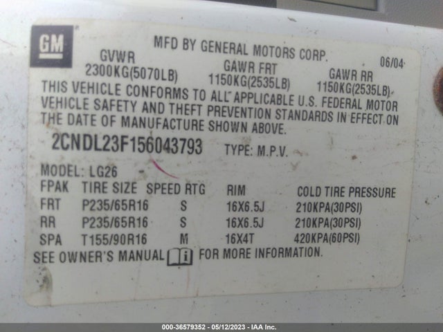 2005 CHEVROLET EQUINOX LS VIN: 2CNDL23F156043793