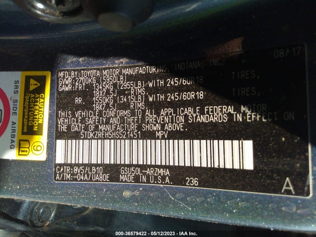 Toyota Highlander Xle/se 2017 5TDKZRFH5HS521451 Image 9