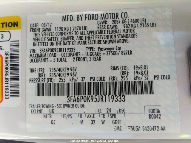 2018 FORD FUSION TITANIUM/PLATINUM VIN: 3FA6P0K95JR119333