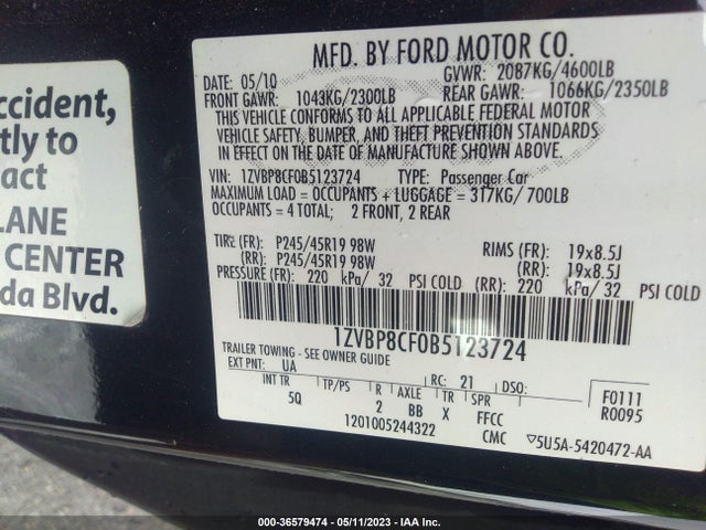 2011 FORD MUSTANG GT VIN: 1ZVBP8CF0B5123724