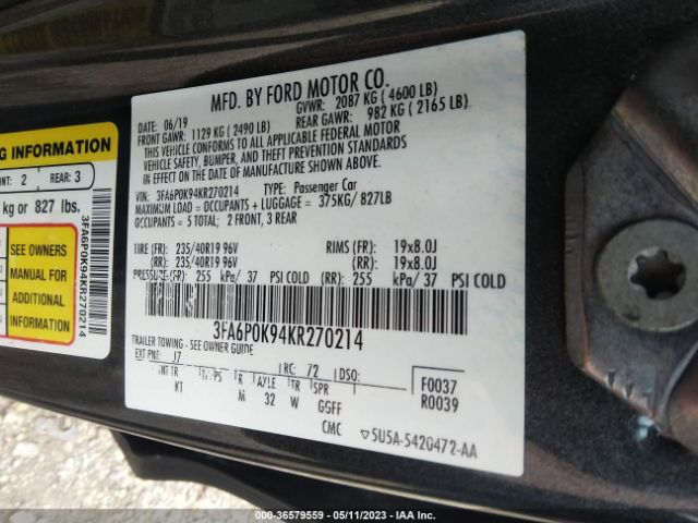 3FA6P0K94KR270214 Ford Fusion Titanium