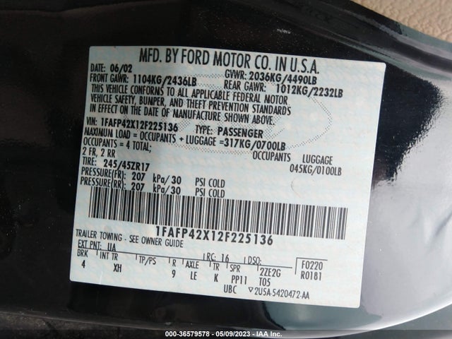 2002 FORD MUSTANG GT VIN: 1FAFP42X12F225136