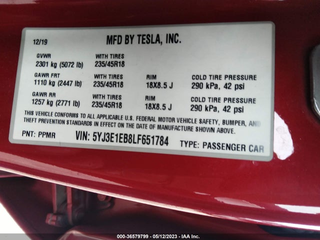 Tesla Model 3 Long Range 2020 5YJ3E1EB8LF651784 Image 9