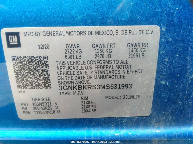 2021 CHEVROLET BLAZER RS VIN: 3GNKBKRS3MS531993
