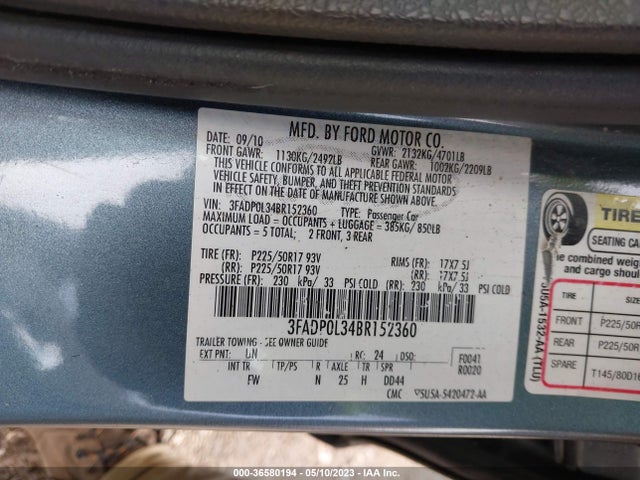2011 FORD FUSION HYBRID VIN: 3FADP0L34BR152360