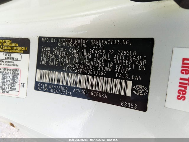 2004 TOYOTA CAMRY SOLARA SE/SPT/SLE VIN: 4T1CE38P34U839197