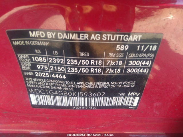WDCTG4GB0KJ593602 Mercedes-Benz Gla Gla 250