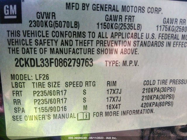 2008 PONTIAC TORRENT VIN: 2CKDL33F086279763