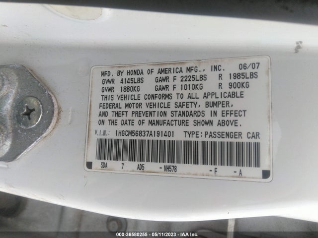 2007 HONDA ACCORD SDN EX-L VIN: 1HGCM56837A191401