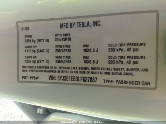 Tesla Model 3 Long Range 2020 5YJ3E1EB3LF637887 Image 12