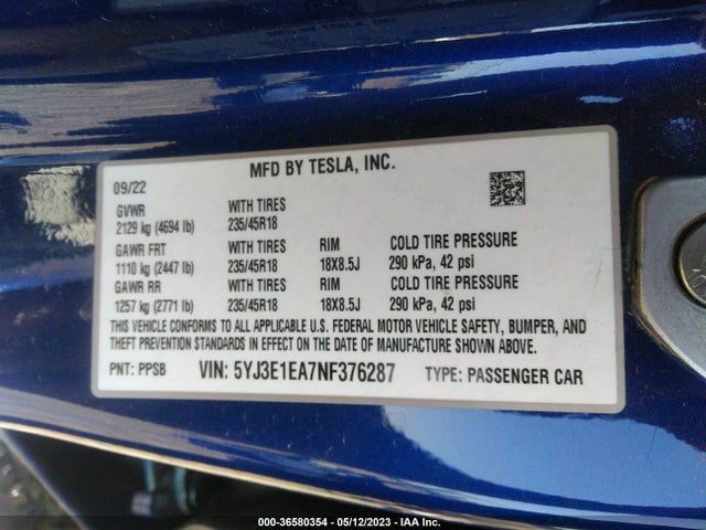 Tesla MODEL 3 2022 5YJ3E1EA7NF376287 Image 9
