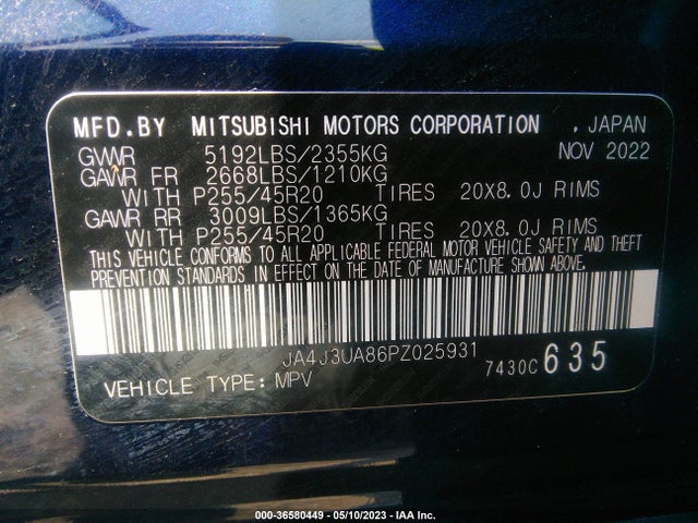 JA4J3UA86PZ025931 Mitsubishi Outlander Se