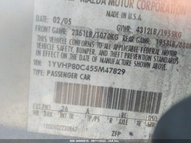 2005 MAZDA MAZDA6 SPORT I VIN: 1YVHP80C455M47829