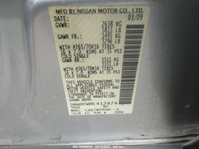 2009 NISSAN FRONTIER SE VIN: 1N6AD07W89C417474