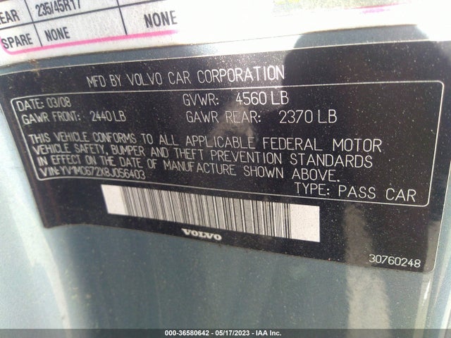 2008 VOLVO C70 VIN: YV1MC672X8J056403