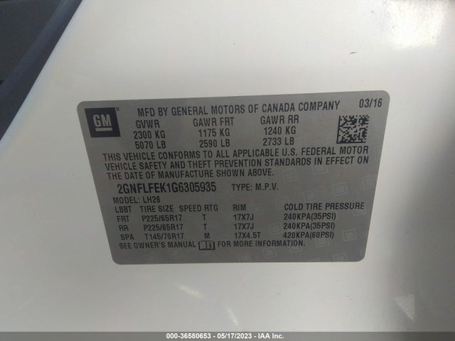 2016 CHEVROLET EQUINOX LT VIN: 2GNFLFEK1G6305935