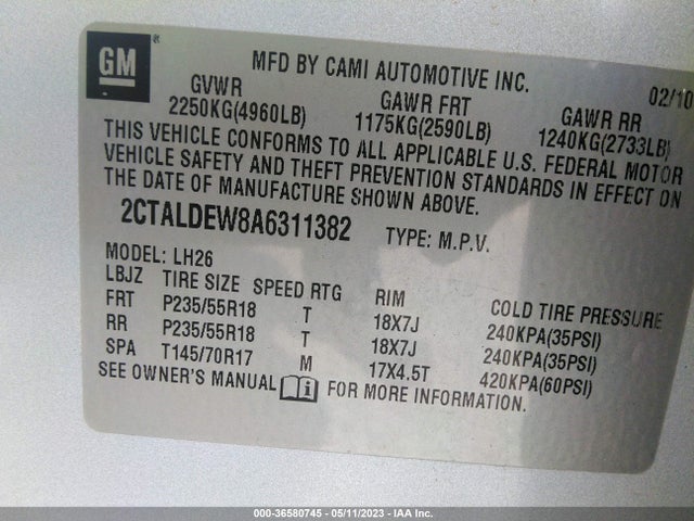 2010 GMC TERRAIN SLE-2 VIN: 2CTALDEW8A6311382
