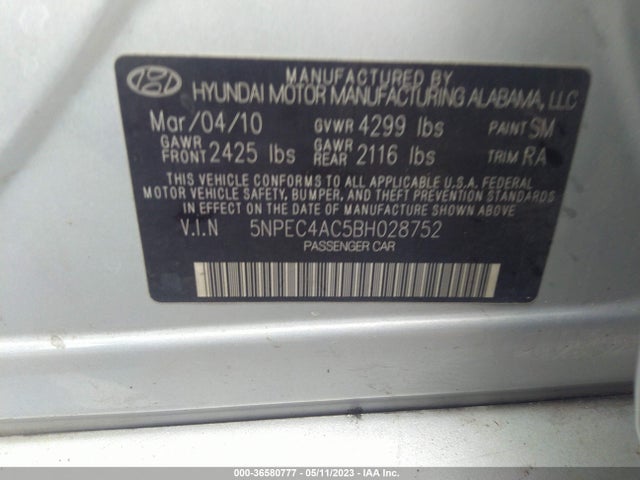 2011 HYUNDAI SONATA SE VIN: 5NPEC4AC5BH028752