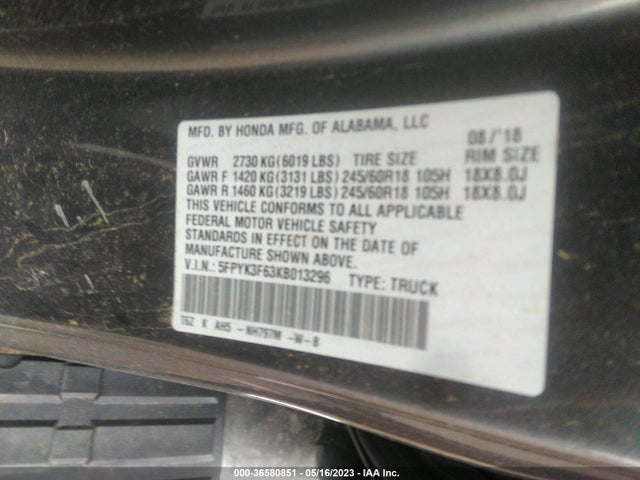 Honda Ridgeline Rtl-t 2019 5FPYK3F63KB013296 Image 9